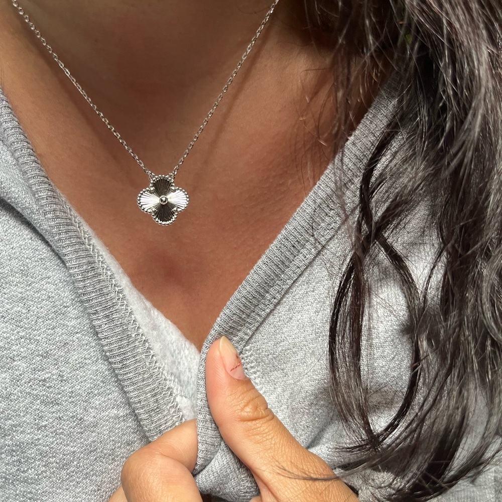 Sterling silver & 18k white gold guilloche clover necklace